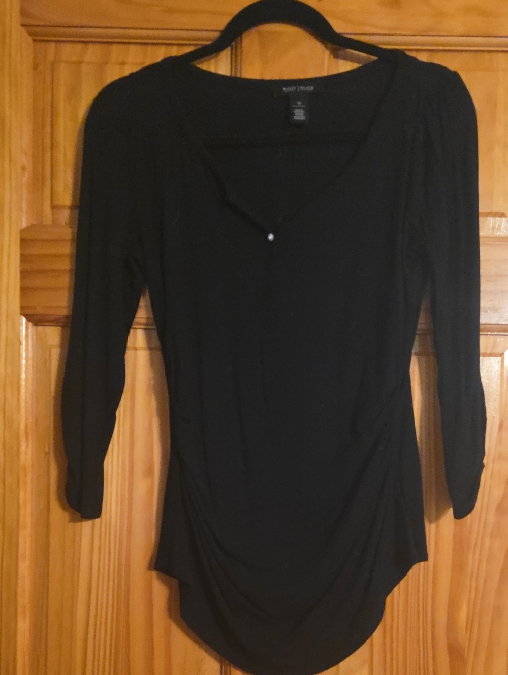 White House Black Market Black Long-Sleeve V-Neck Top with Ruched Hem